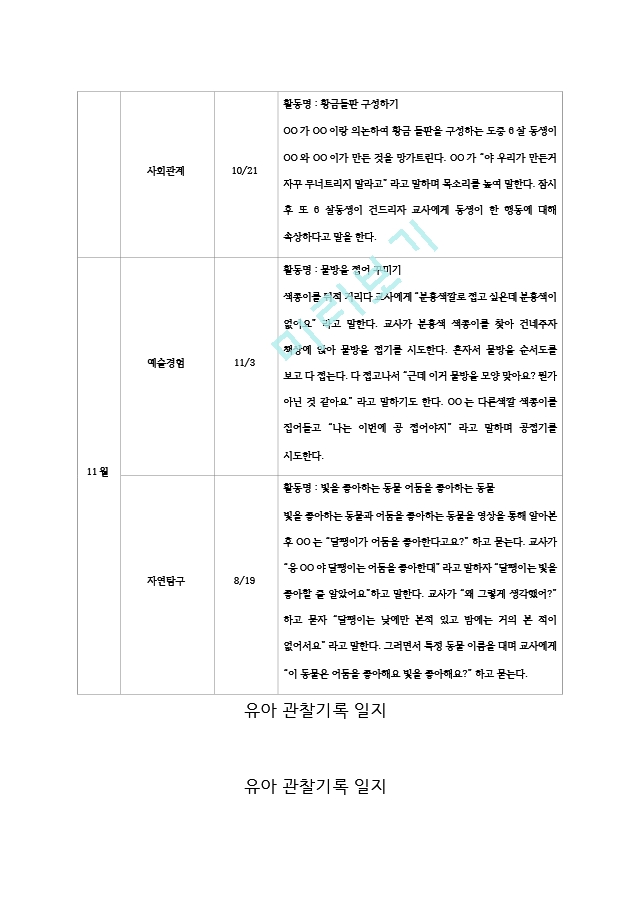 평가제 만 4 5세 유아관찰기록일지 9월  11월   (2 )